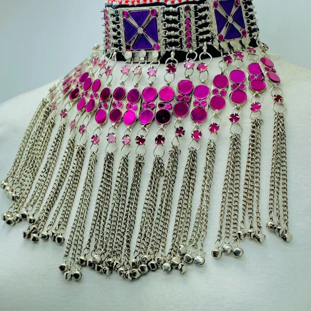 Handmade Afghan Choker Necklace: Purple Stone Tribal Statement with Bells - Picture 6 of 12